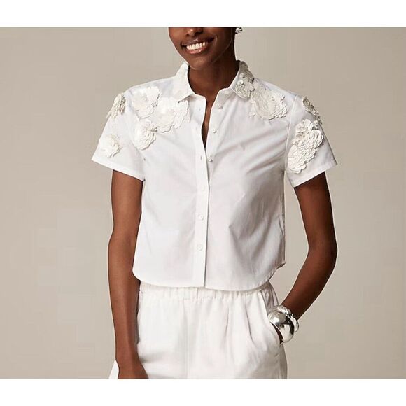 J.CREW Collection Top Women 4 Floral Appliques Button Up NEW Cropped White CC241